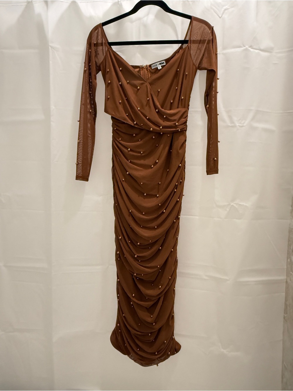 Fashion Nova Brown Ruched Midi Dress with Pearl Accents